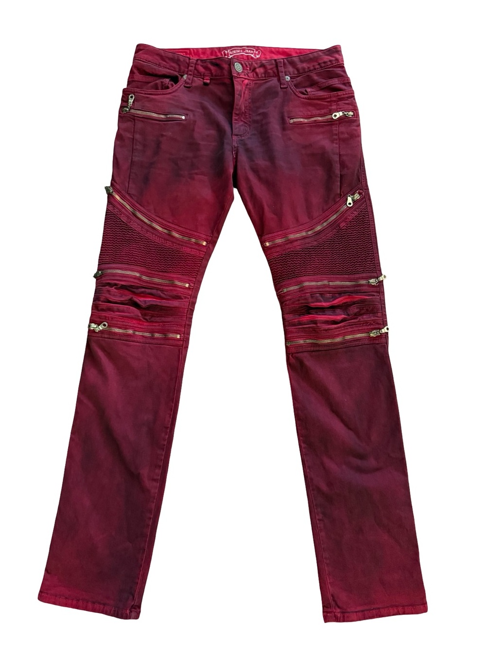 Robin’s Jean The Show Biker Jeans DY Red Wash Moto Zipper Slim Straight 34x34